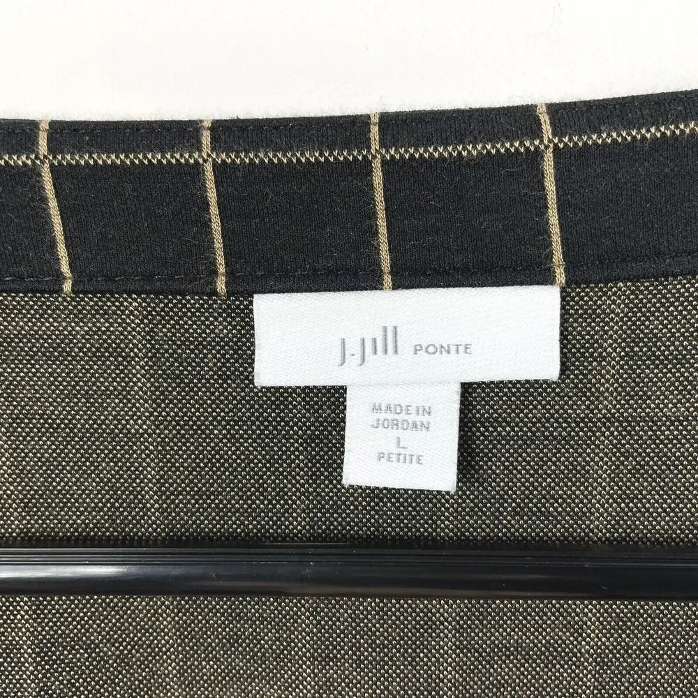 J Jill Top Size LP Large Petite Boat Neck Windowpane Ponte Knit Tunic Black Tan - Picture 5 of 6